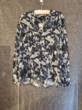 Mango Blue and White Abstract Print Button-Down Blouse